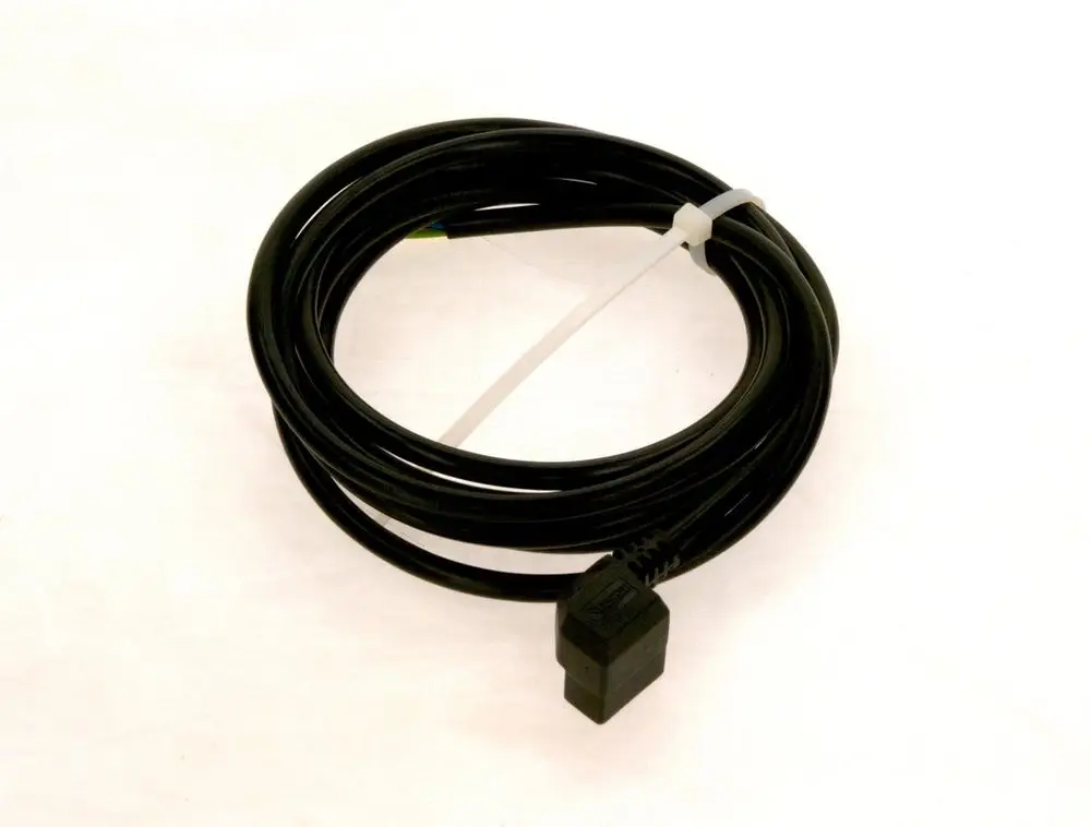 Schwarzes Bosch Pumpenkabel (2,5 m) mit Stecker, aufgerollt und mit Kabelbinder fixiert.